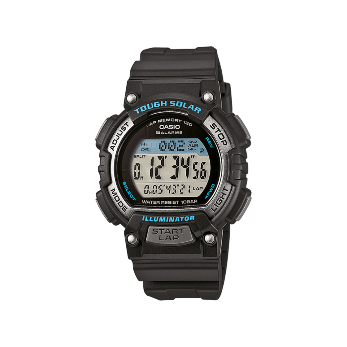 Front view of the black STL-S300H-1A with round case and digital dial