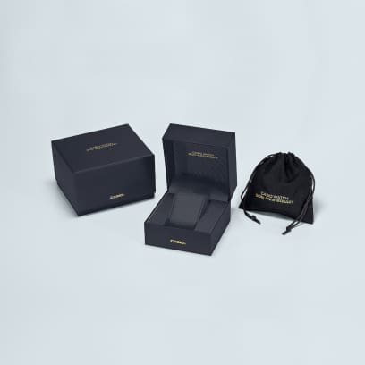 Black packaging of the TRN-50ZE wristwatch with black velvet pouch 