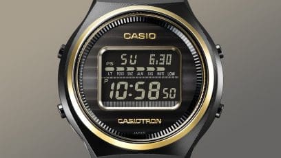 Close-up of the round case of the TRN-ZE-1A wristwatch with gold-coloured ‘CASIOTRON’ lettering below the digital display