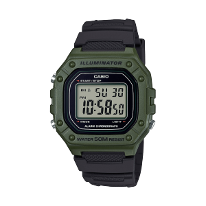 Front view of the W-218H-3AV with dark green case and black strap
