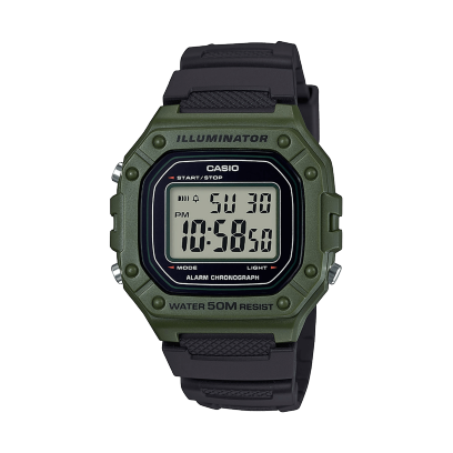 Front view of the W-218H-3AV with dark green case and black strap