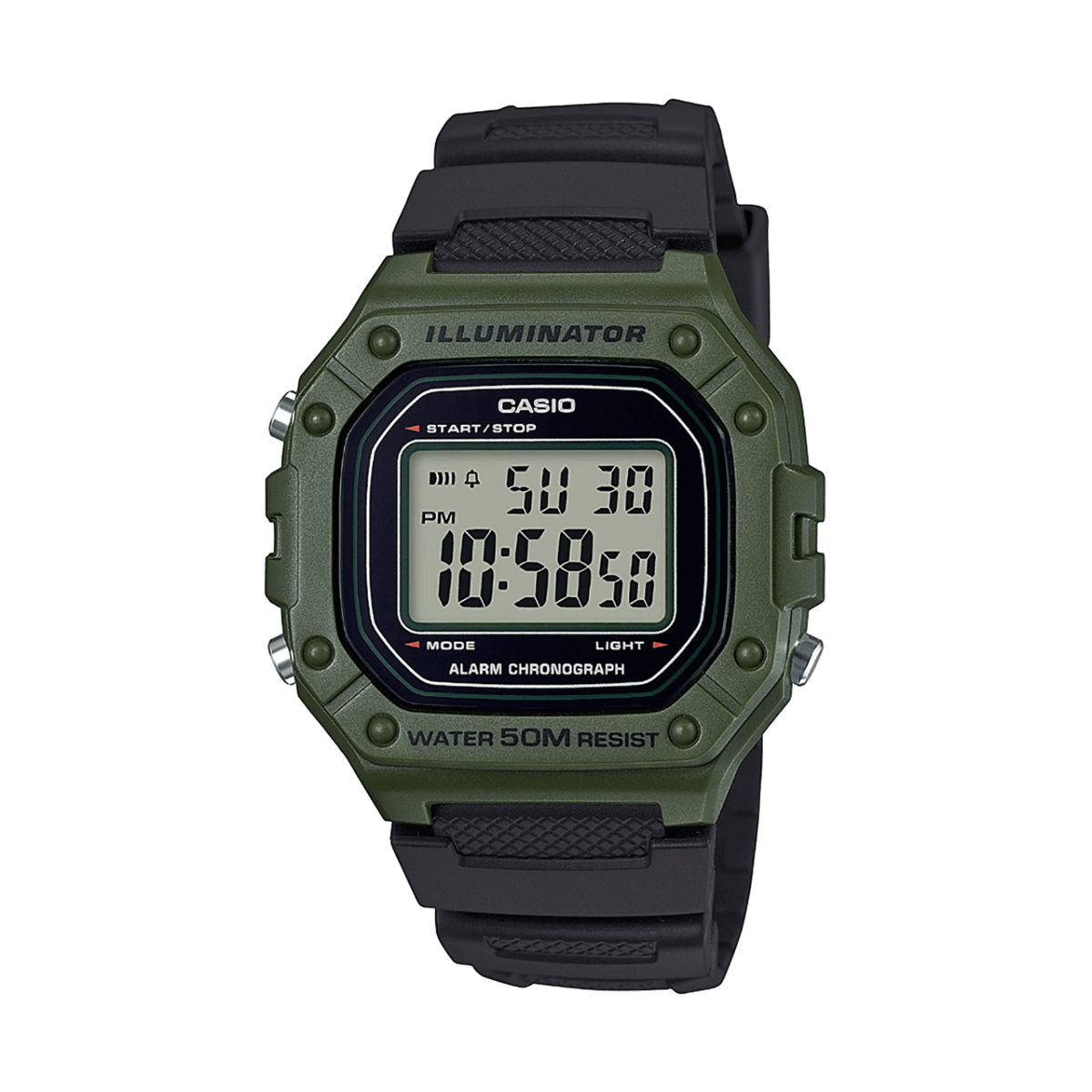 Front view of the W-218H-3AV with dark green case and black strap
