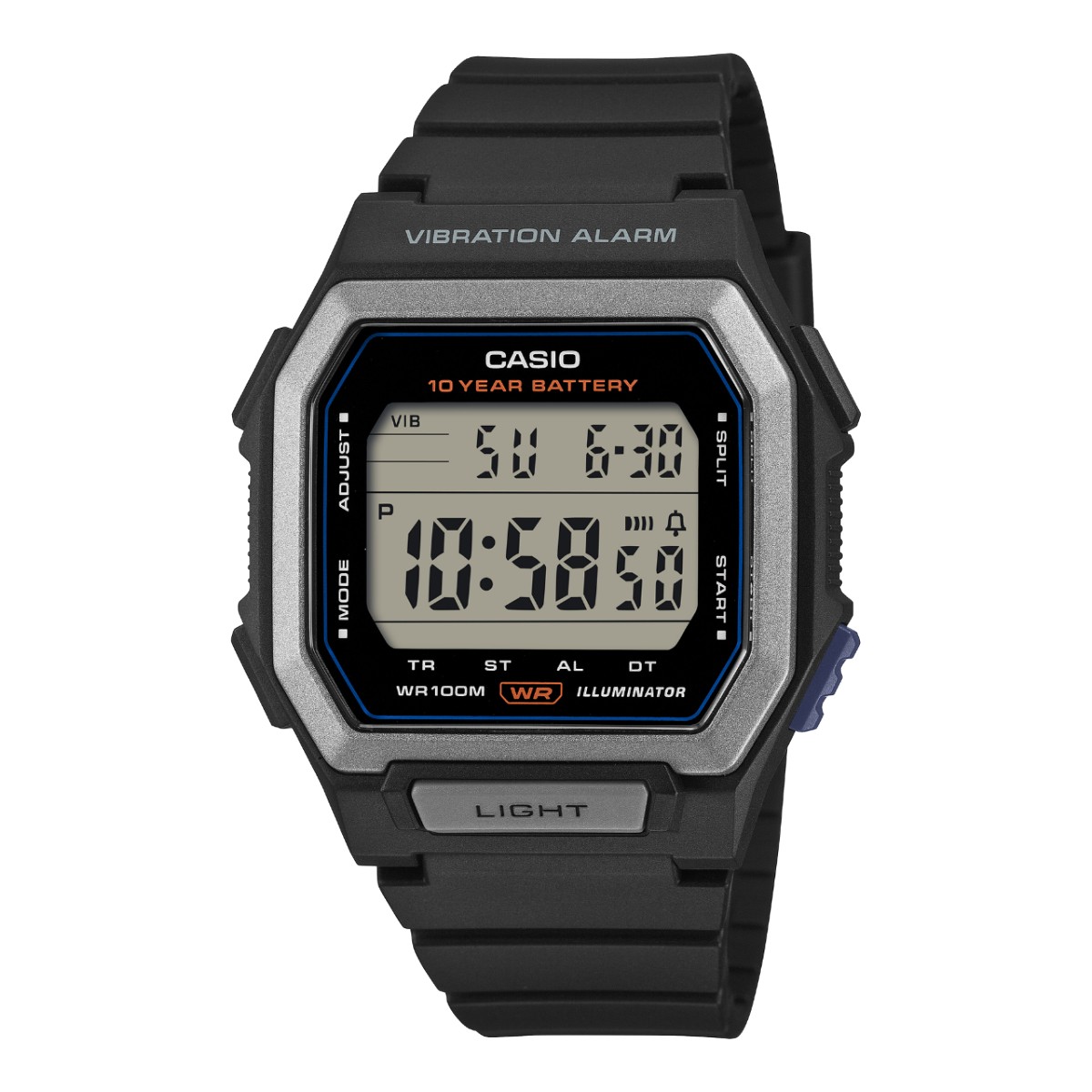 Front view of the black digital watch W-738H-1AVEF from the CASIO TIMELESS COLLECTION