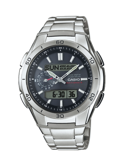 Front view of the silver WVA-M650D-1A with black dial
