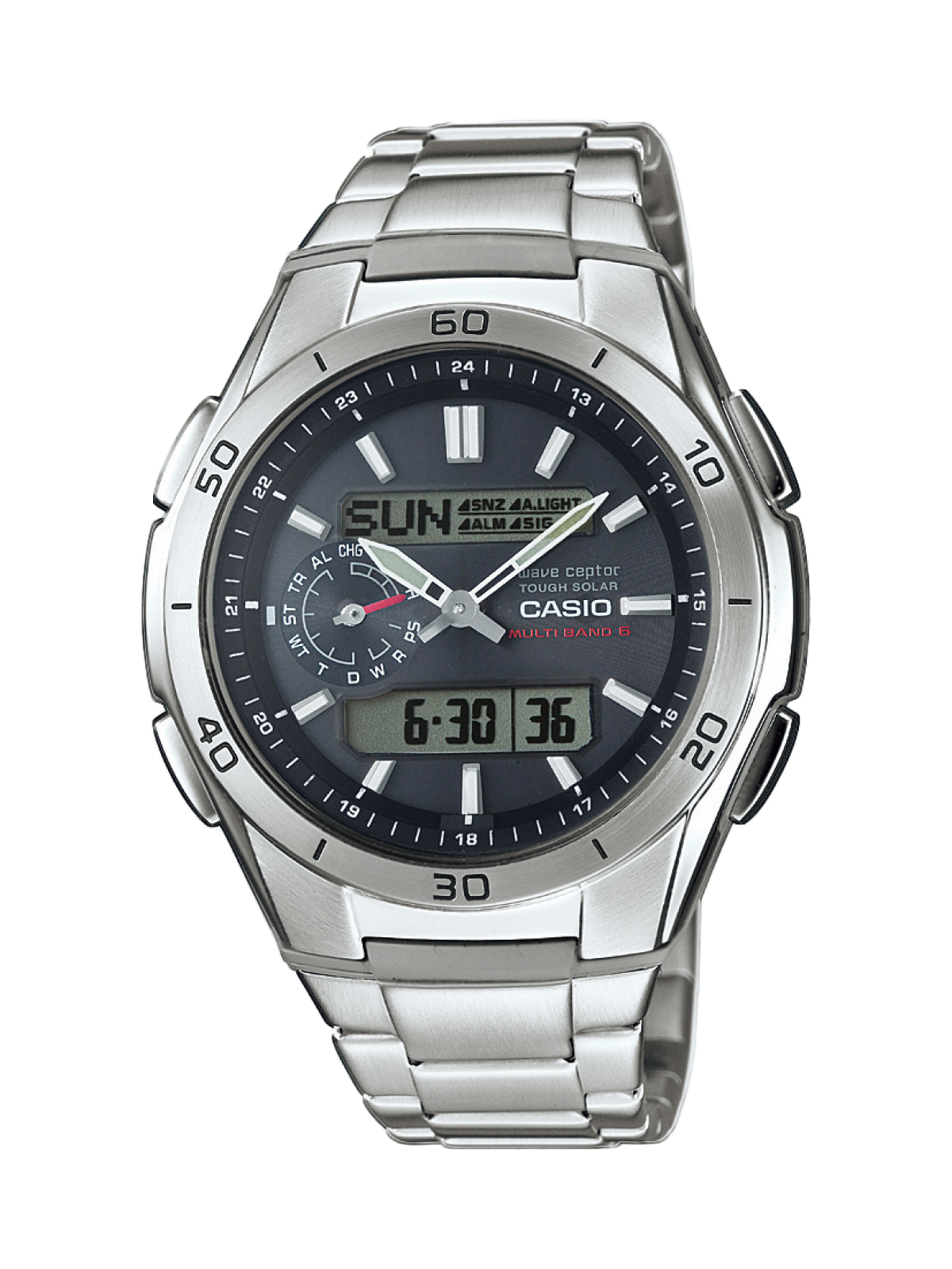 Front view of the silver WVA-M650D-1A with black dial