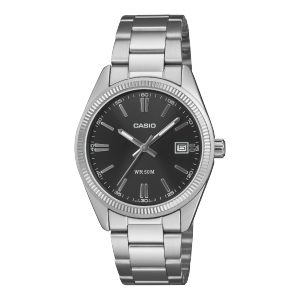 Front view of the silver CASIO TIMELESS COLLECTION wristwatch UTP-1302PD-1AVEF with black dial