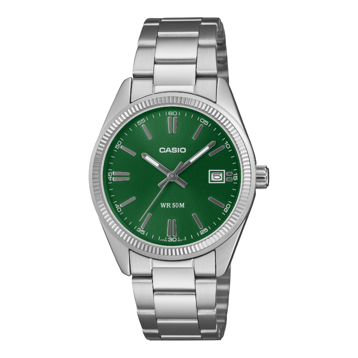 Front view of the silver CASIO TIMELESS COLLECTION wristwatch UTP-1302PD-3A1VEF with a dark green dial