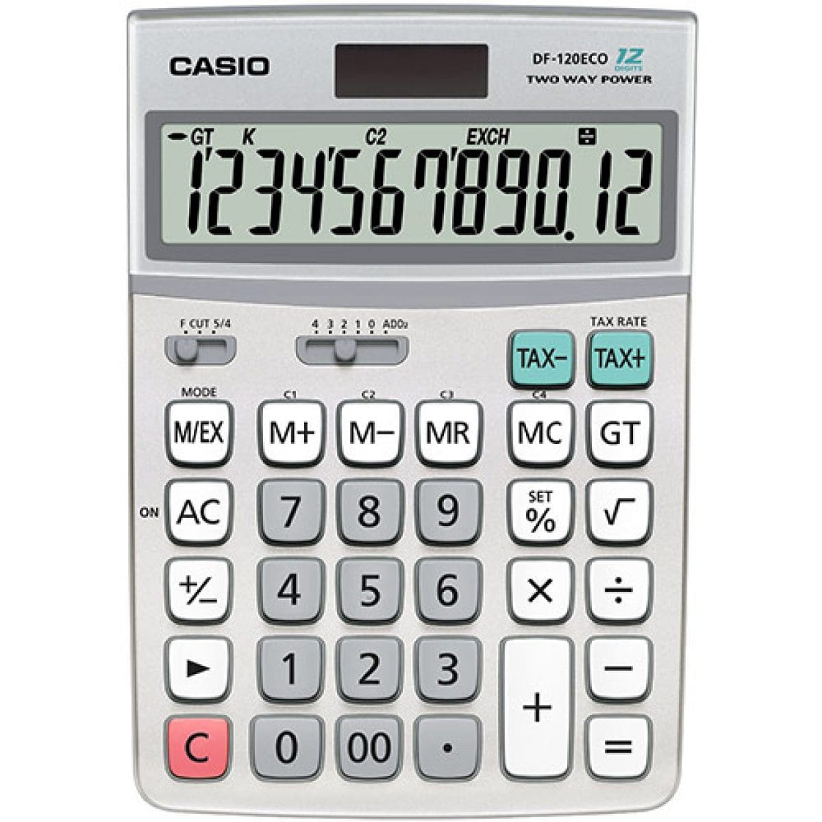 Vue de face de la calculatrice de bureau DF-120ECO de CASIO avec boîtier argenté, grand écran et touches de fonction.