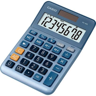 Vue de face de la calculatrice de bureau MS-80E de CASIO en version mini-bureau avec un boîtier bleu métallisé, un grand écran et des touches numériques.