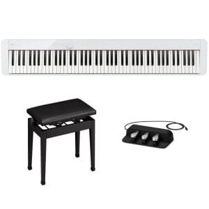 Vue d'ensemble du piano numérique CASIO Privia PX-S1100 blanc, vendu avec un banc de piano et une pédale triple SP-34 de super qualité.