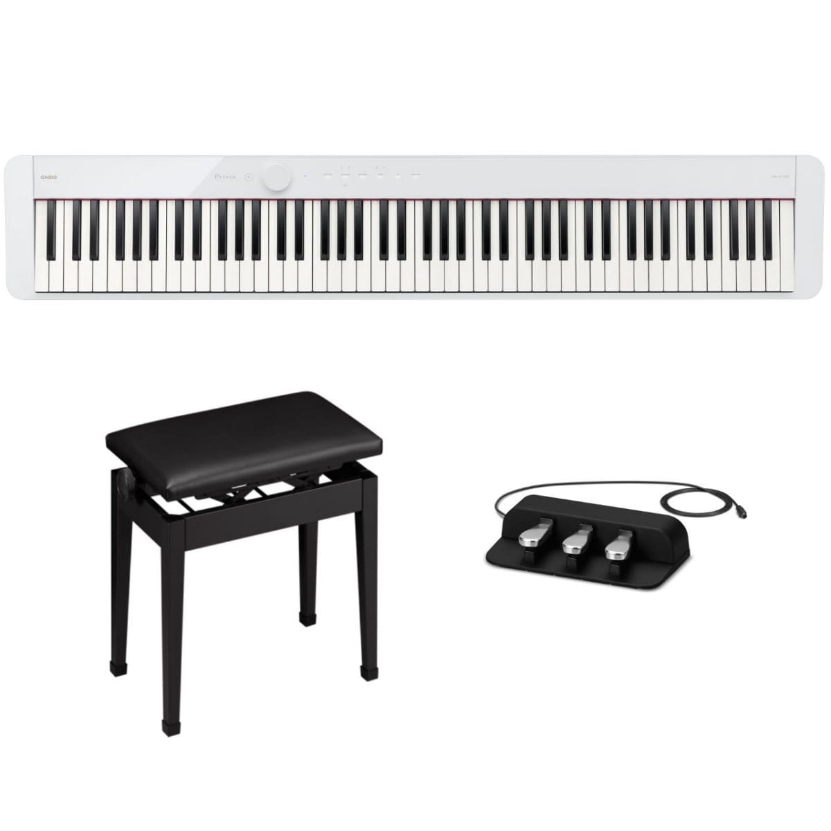Vue d'ensemble du piano numérique CASIO Privia PX-S1100 blanc, vendu avec un banc de piano et une pédale triple SP-34 de super qualité.