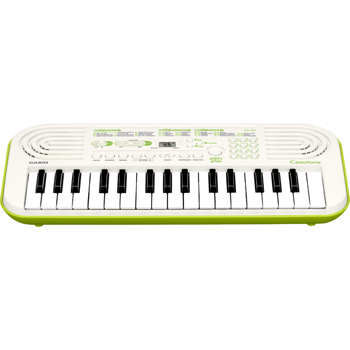 Vue d'ensemble du mini-clavier SA-50 en blanc et vert citron.