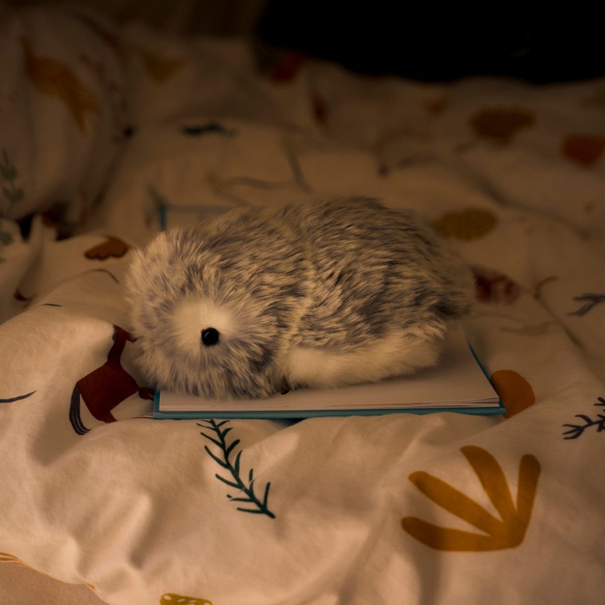 Le Moflin est assis sur un livre, dans un lit baigné d'une lumière tamisée.