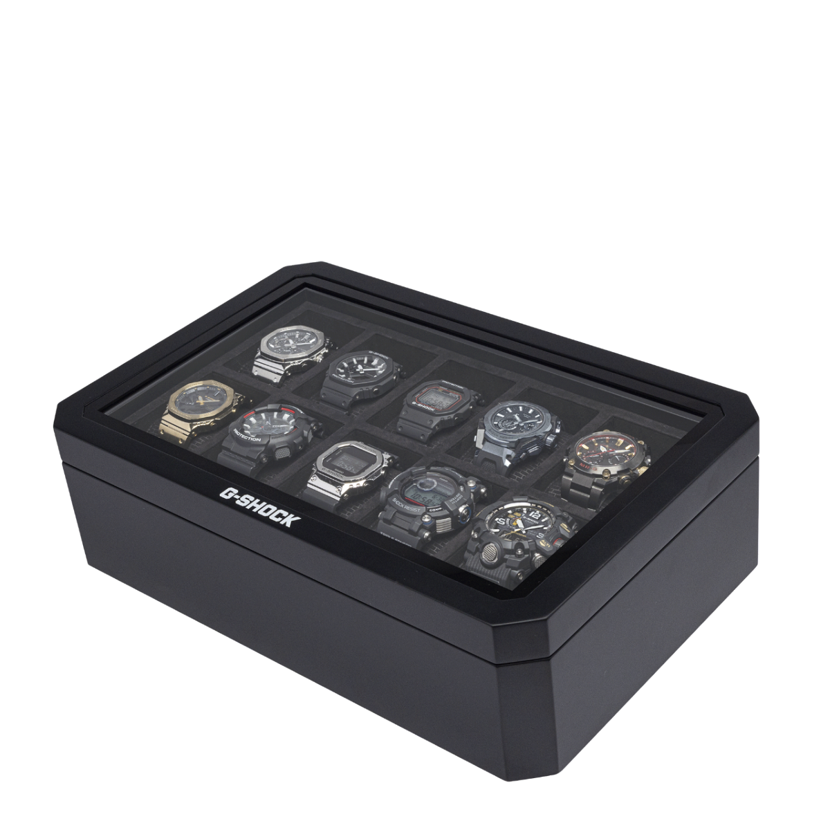 Vue de face de la boîte remplie de montres et couvercle ouvert