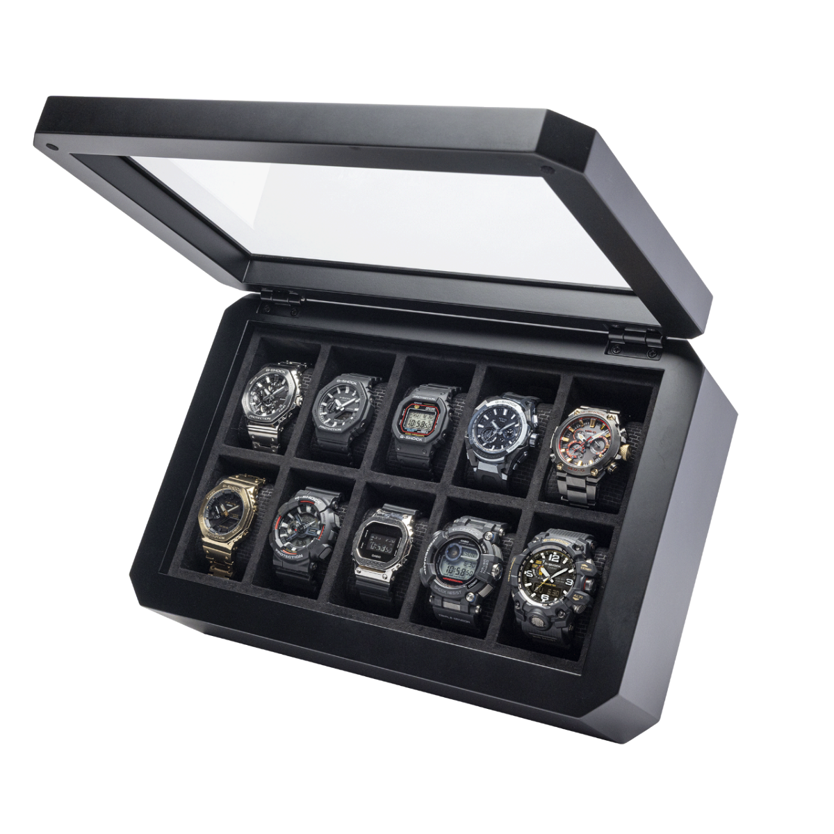 Vue en angle de la boîte à montres avec le couvercle ouvert. 10 montres sont visibles à l'intérieur.