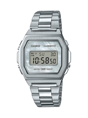 Montre numérique argentée A1000D-7 avec boîtier rectangulaire et bracelet en acier inoxydable avec boucle déployante. L'écran éclairé affiche l'heure, la date et le jour de la semaine