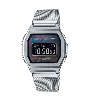 Montre numérique argentée A1000M-1B avec bracelet en maille d'acier inoxydable, affichage en nacre noire, fonction d'éclairage et de résistance à l'eau indiquant l'heure et la date