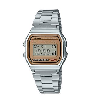Montre numérique argentée A158WEA-9 avec affichage rectangulaire et cadre doré 