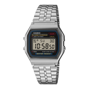 Vue de face de la montre-bracelet argentée A159WE-1EF avec bracelet en acier inoxydable et cadran noir