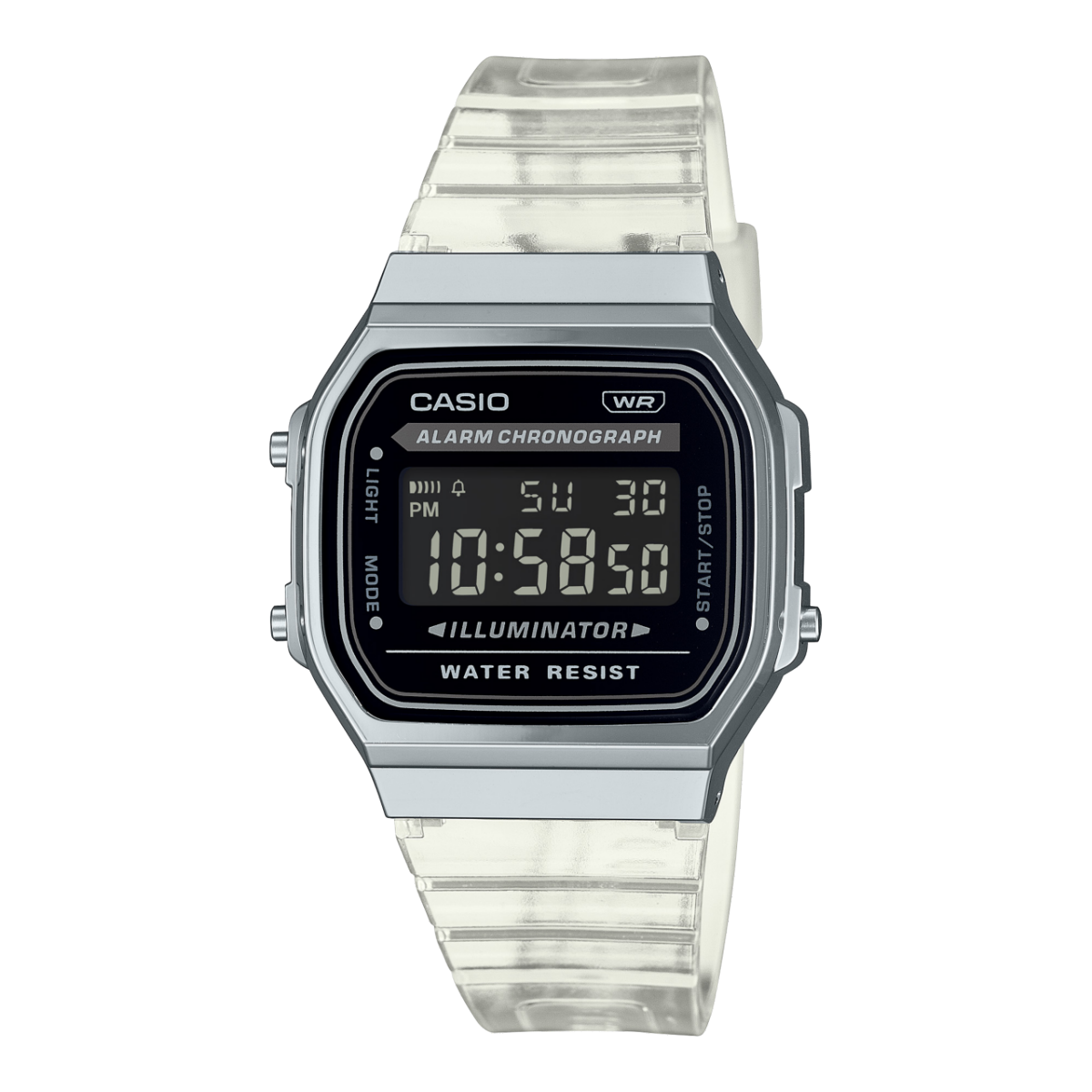 La montre digitale A168XES-1B de CASIO Vintage Collection avec lunette noire et bracelet en résine transparent.