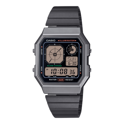 Vue de face de l'A130WEGG-1AEF. Le bracelet gris foncé se démarque du boîtier légèrement plus clair.