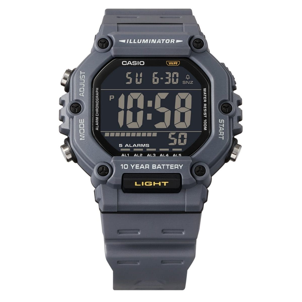 AE-1600H-8BV Montre digitale avec bracelet en résine grise et vis noires sur le boîtier