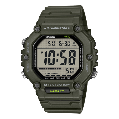 Vue de face de la montre numérique vert foncé AE-1600HX-3AVEF avec boîtier octogonal