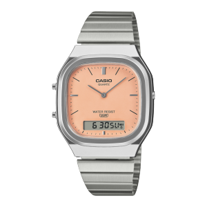Vue de face de la montre-bracelet CASIO argentée AQ-240E-4AEF avec un cadran orange mat