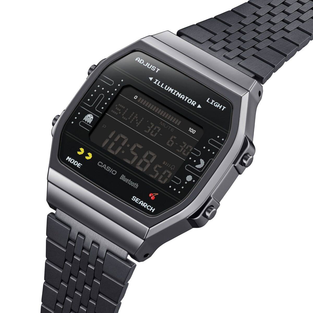 Vue latérale de la montre ABL-100 de CASIO Vintage Collection et Pacman avec boutons latéraux et illustrations de Pacman