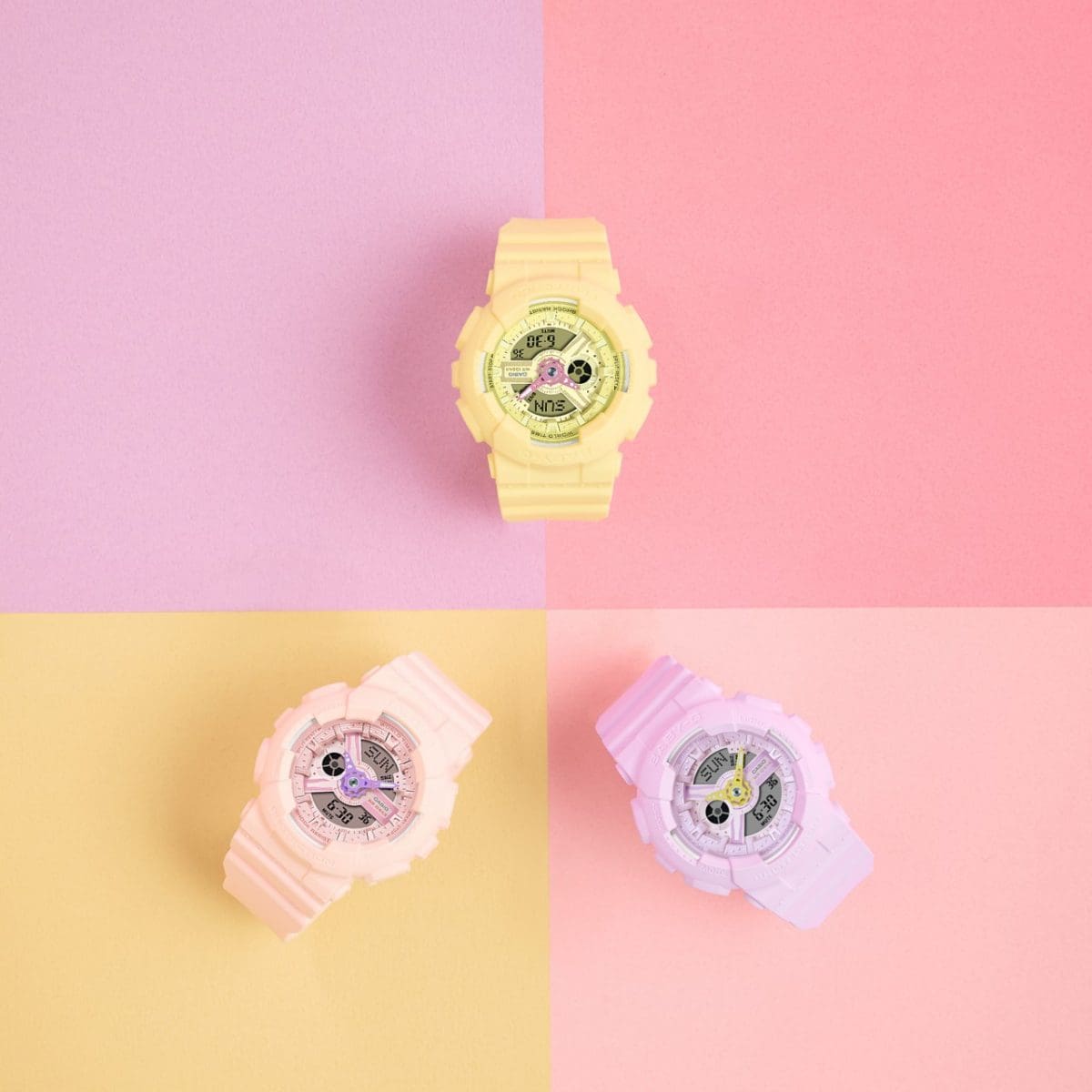 Les trois modèles BA-110AH-4A, BA-110AH-6A, BA-110AH-9A sur des fonds aux couleurs pastel