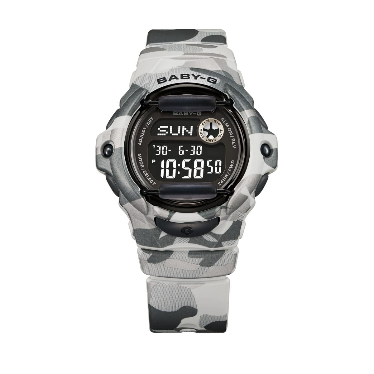 Le cadran noir numérique de la montre-bracelet BABY-G BG-169CMB-8ER est encadré par les cornes typiques en haut et en bas.