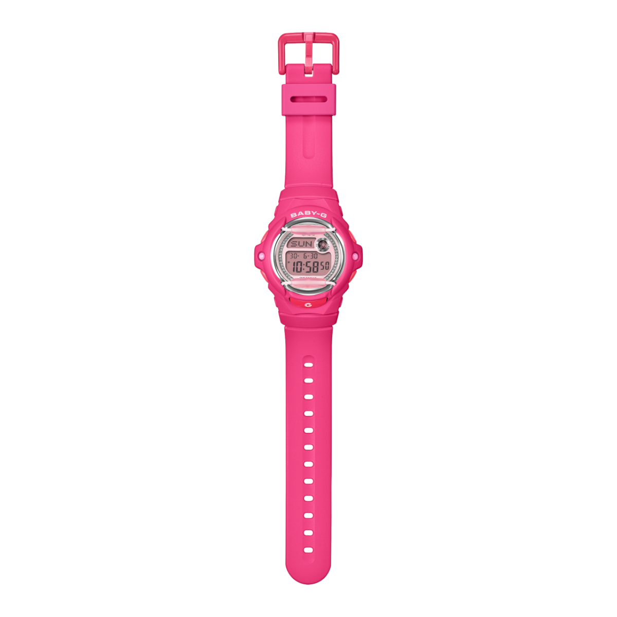 Vue complète de la montre numérique rose BABY-G BG-169KB-4B1ER avec cadran rose