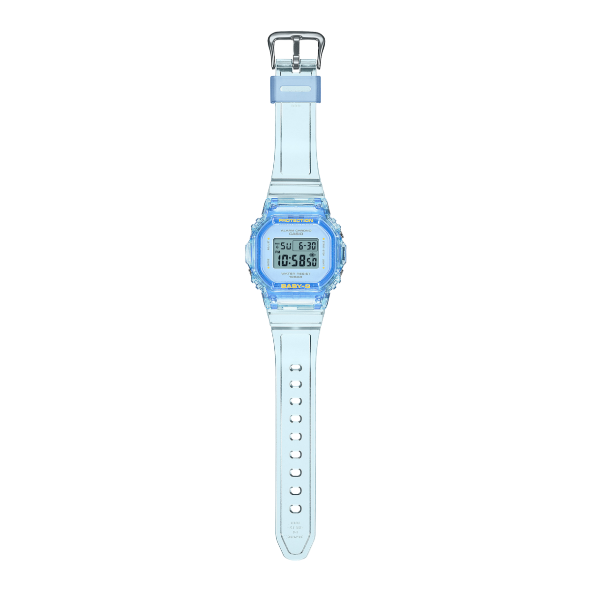 La montre-bracelet BGD-565SJ de Baby-G posée à plat avec un bracelet en résine bleu-transparent et un affichage numérique