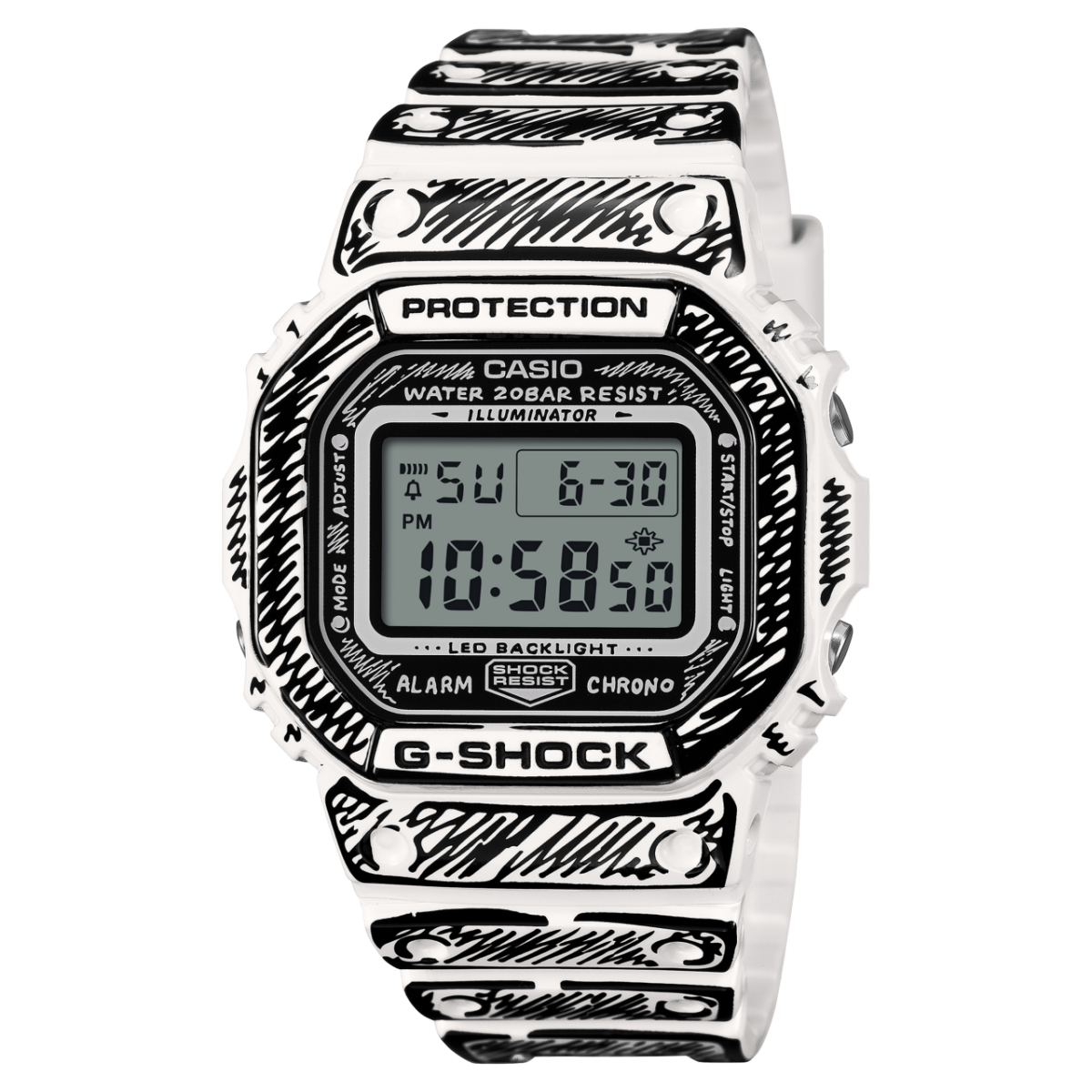 Vue de face de la montre-bracelet G-SHOCK blanche DW-5600JV-7ER avec des lignes noires de style bande dessinée.