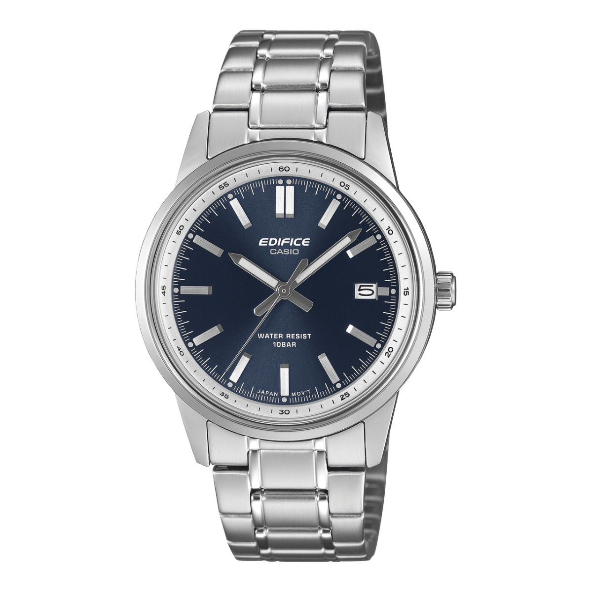 Vue de face de la montre-bracelet argentée EFR-109D-2A d’EDIFICE avec cadran bleu foncé