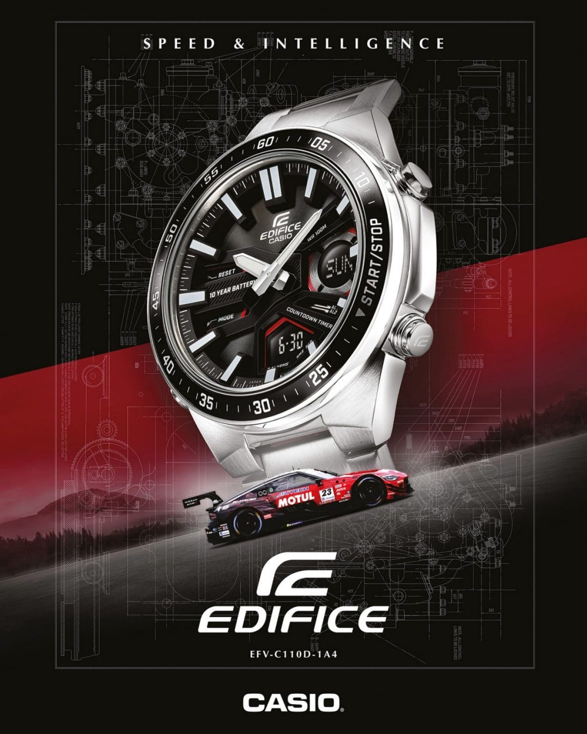 La montre EFV-C110D-1A4V est représentée en grand en arrière-plan, devant une voiture de sport rouge et noire. 