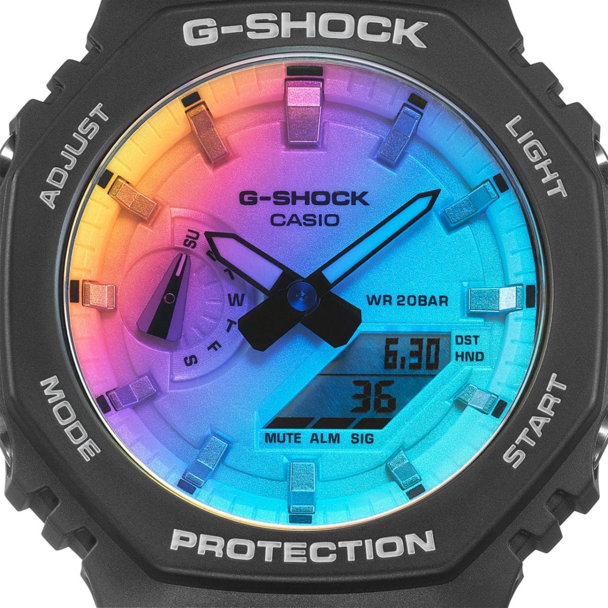 Gros plan du cadran du GA-2100SR-1A aux couleurs chatoyantes de l'arc-en-ciel
