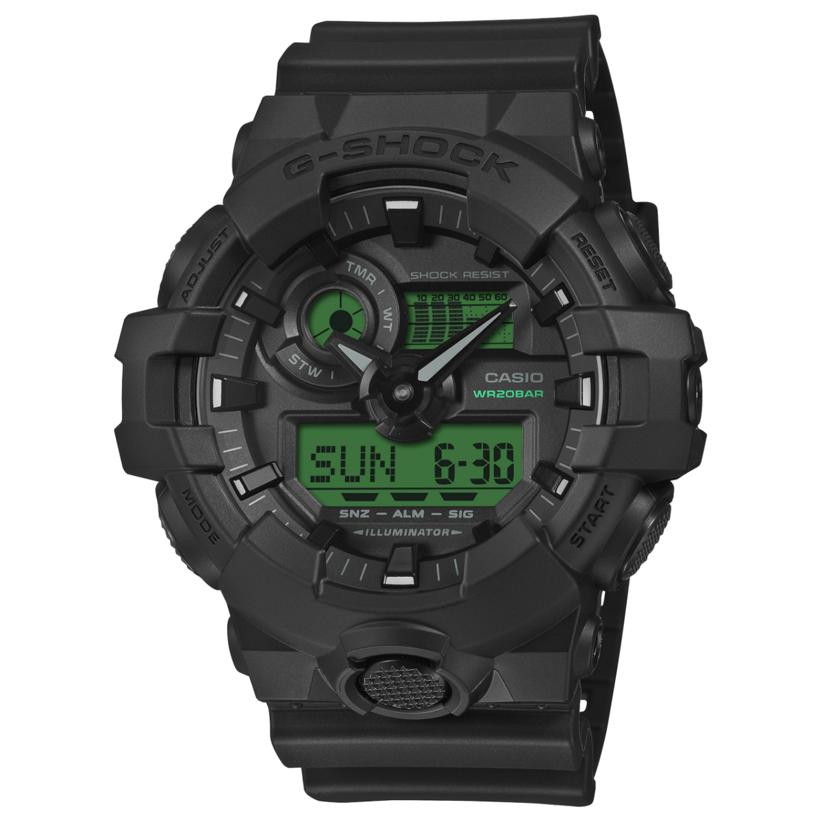 Vue de face de la montre-bracelet analogique-numérique noire GA-700BEG-1AER de G-SHOCK avec affichage numérique vert