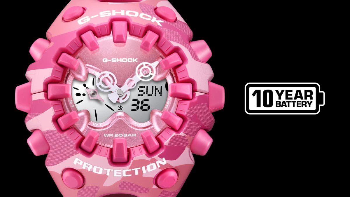 À côté de la montre-bracelet GA-V01CMG-4AER, on peut voir le logo « Batterie 10 ans ».