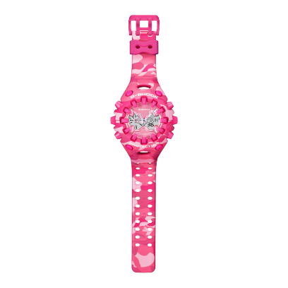 Le motif camouflage dans différentes nuances de rose se retrouve partout sur la montre-bracelet G-SHOCK GA-V01CMG-4AER.