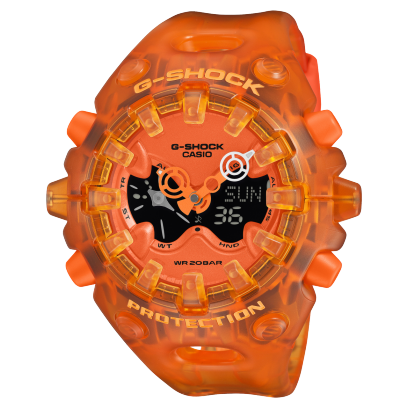 Vue de face de la montre-bracelet G-SHOCK orange GA-V01SKE-4AER avec cadran analogique-numérique