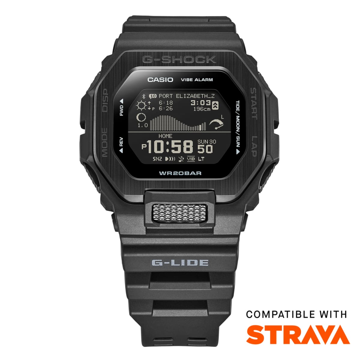 Vue de face du GBX-100NS-1ER avec l'inscription « Compatible with STRAVA » dans le coin inférieur droit