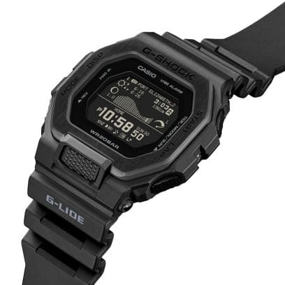 Vue latérale oblique de la GBX-100NS-1. Le logo « G-LIDE » est mis en valeur en argent sur le bracelet, sous le boîtier.