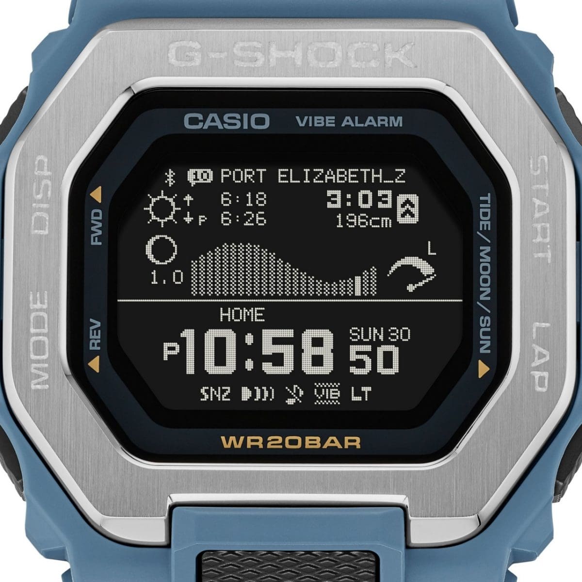 Gros plan sur l'affichage numérique carré de la montre G-SHOCK GBX-100-2A avec indication des marées.