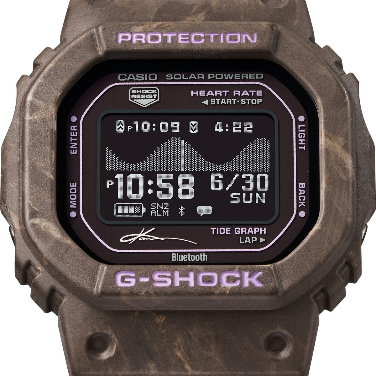 Affichage des graphiques des marées sur le cadran numérique de la montre-bracelet GBX-H5600KI-5ER de G-SHOCK et Kanoa Igarashi