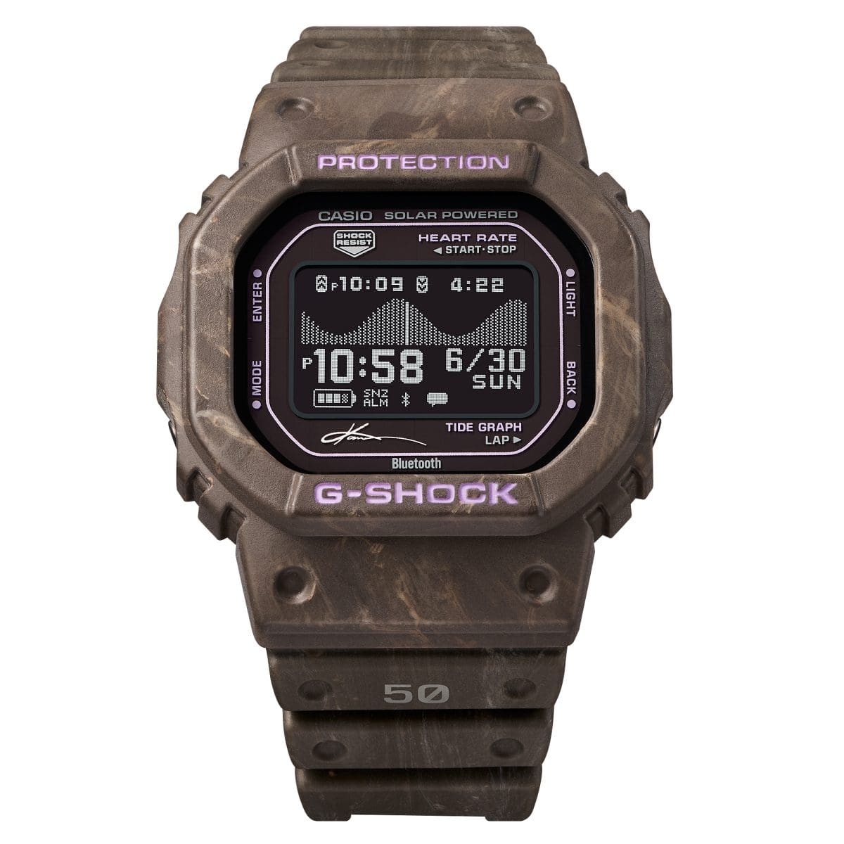 Les inscriptions « G-SHOCK » et « PROTECTION » figurant sur le boîtier de la montre-bracelet GBX-H5600KI-5ER sont de couleur lavande