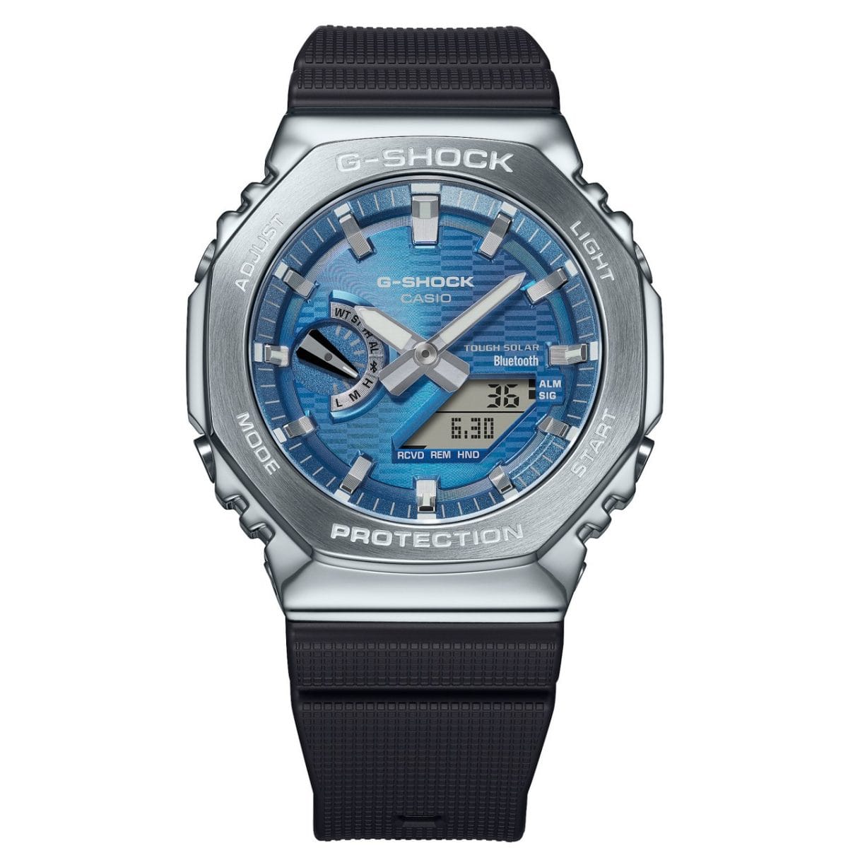 Vue de face du GBM-2100A-2BER avec boîtier argenté, cadran bleu et bracelet noir