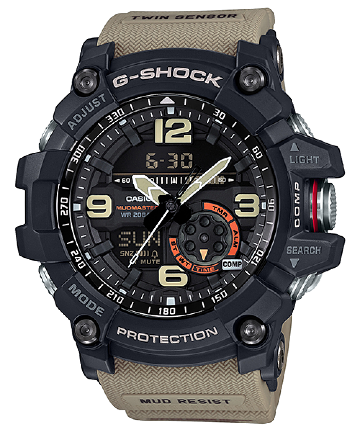Vue de face de la G-SHOCK Mudmaster GG-1000-1A5ER avec boîtier noir et bracelet beige