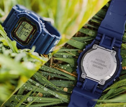 Le dos de la montre G-LIDE GLX-5600WHR24-2 sur lequel est gravé le partenaire de collaboration Western hydrodynamic research