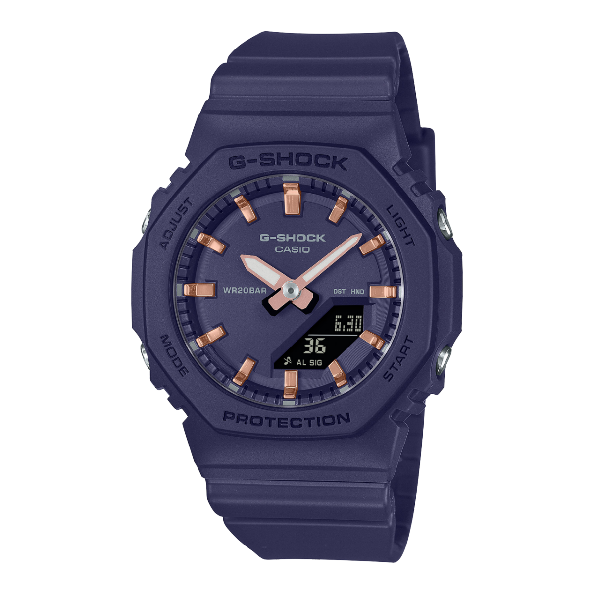 Vue de face du GMA-P2100M-2A bleu foncé avec des accents d'or rose sur les index et les aiguilles